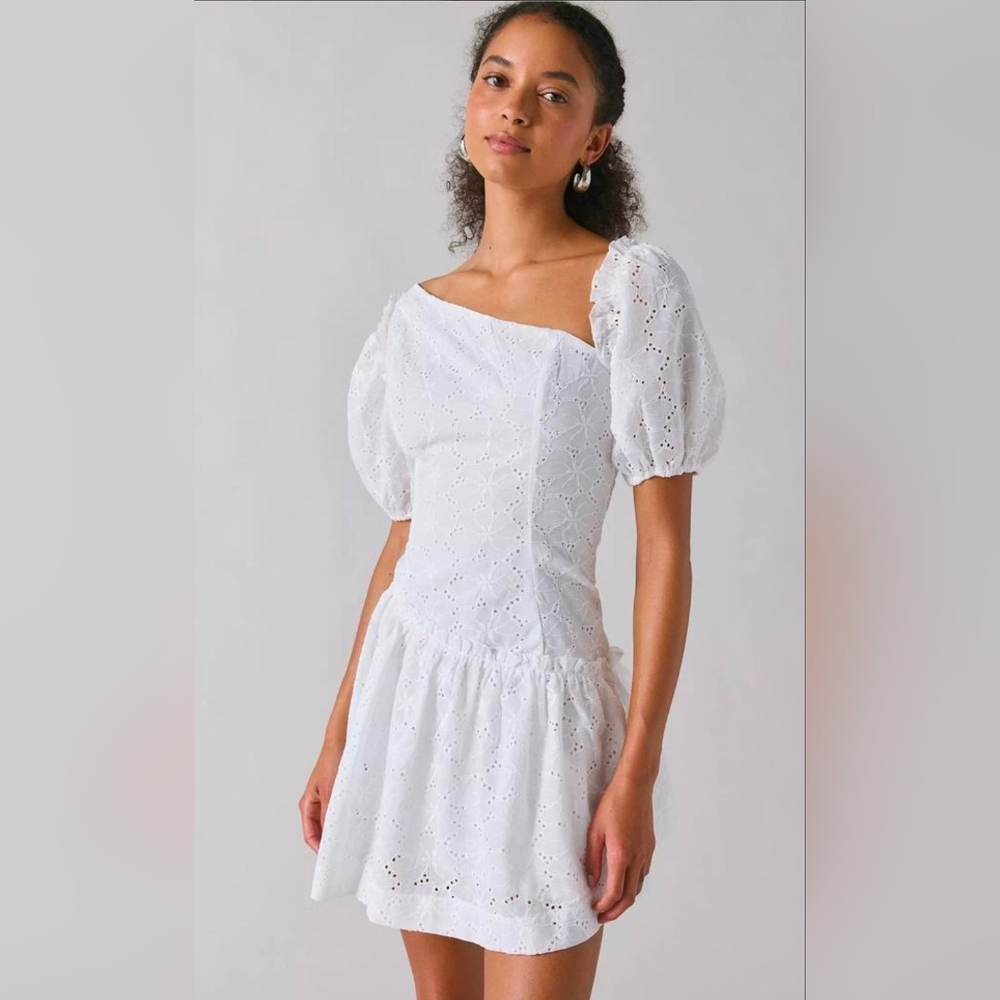 Rare London UO White Eyelet Cottagecore Assymetric Puff Sleeve Mini Dress